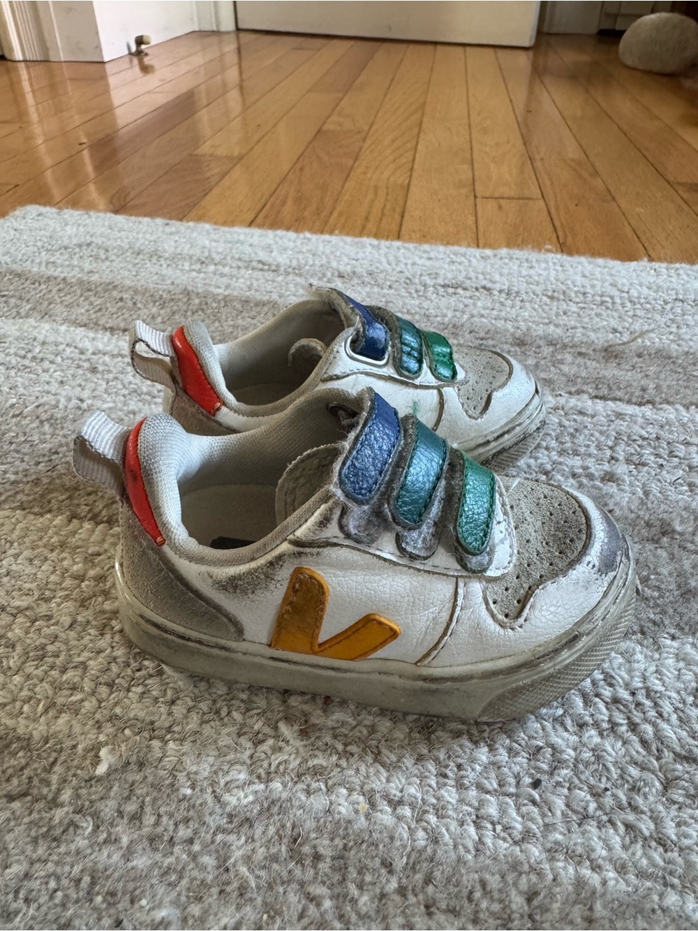 Veja Kids White Sneakers with Blue, Green, Yellow & Red Accents